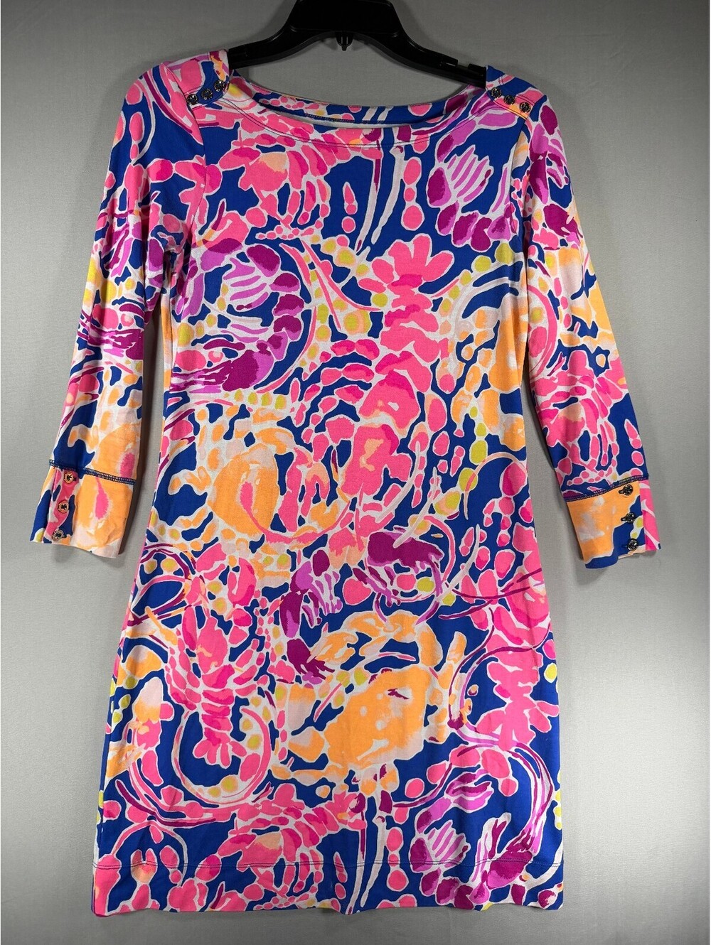 Lilly Pulitzer Sophie Dress Size XS Blue Pink Lobster Print UPF 50+ 3/4 Sleeve